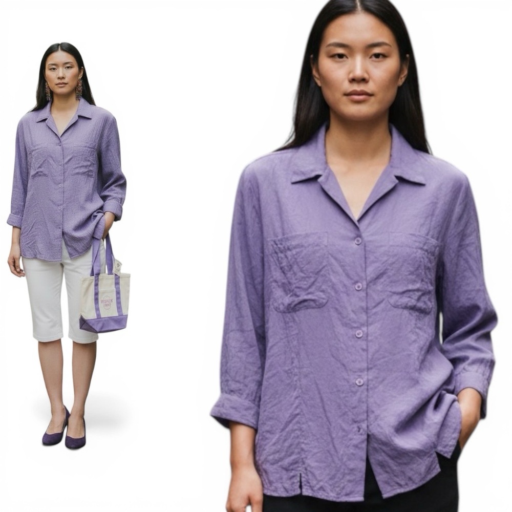 Notations Purple Button Down Shirt Patch Pockets … - image 1